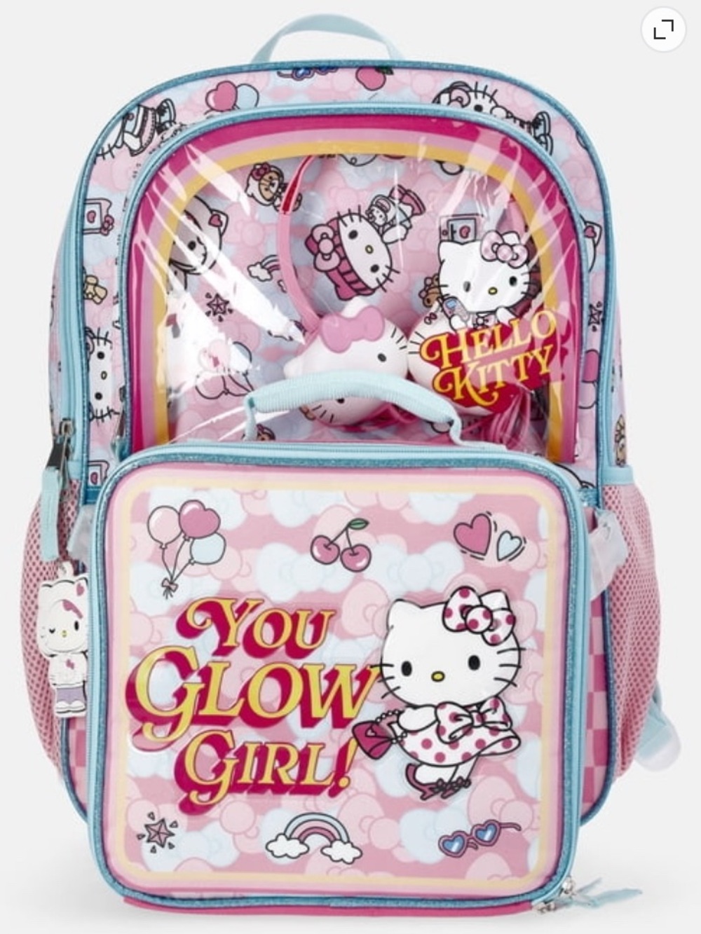 Hello Kitty Pink and Blue Kids Backpack - 'You Glow Girl' Front Pocket